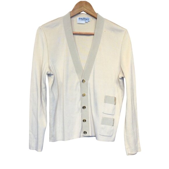 Salvatore Ferragamo Beige V Neck Cardigan Sweater Size L Preppy Old Money - Picture 1 of 9